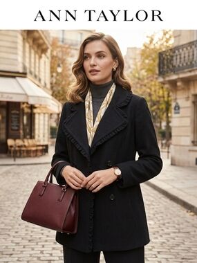 Ann Taylor Black Ruffle-Trim Double-Breasted Pea Coat